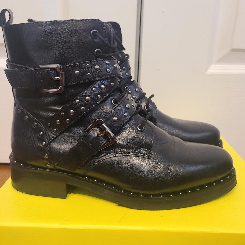 Womens Catherine Malandrino black leather combat boots, worn, size 8